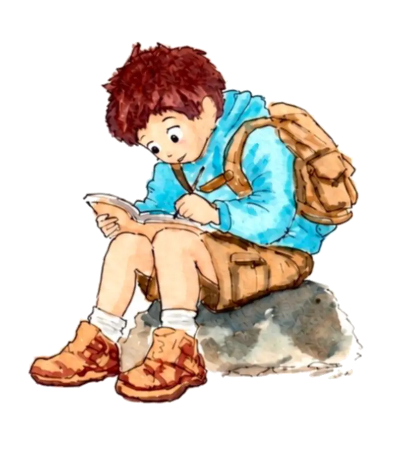 Kintaro sitting on a rock and writing in his field notebook